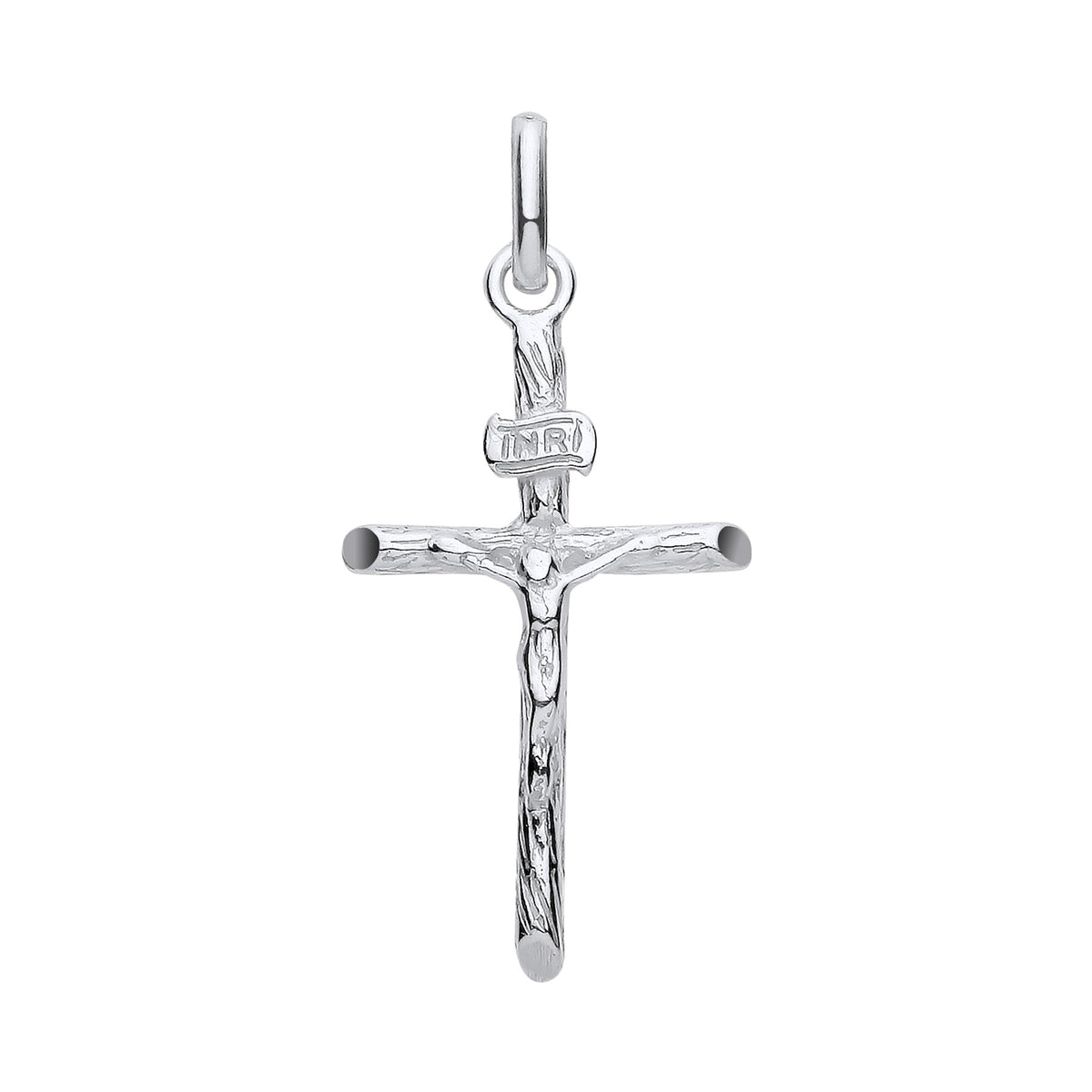 A slim sterling silver crucifix pendant with INRI inscription and detailed figure, displayed on a white background.