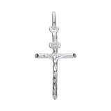 A slim sterling silver crucifix pendant with INRI inscription and detailed figure, displayed on a white background.