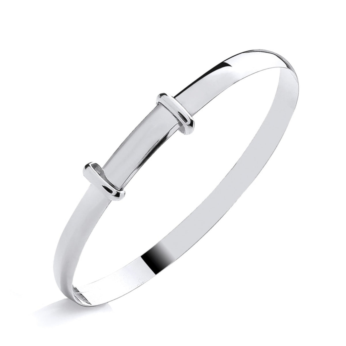 A sterling silver expanding baby bangle with a D-shaped profile is displayed against a white background.