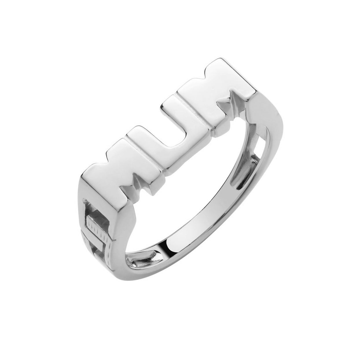 Silversmiths sterling silver ring featuring a polished finish and cut-out “MUM” lettering.