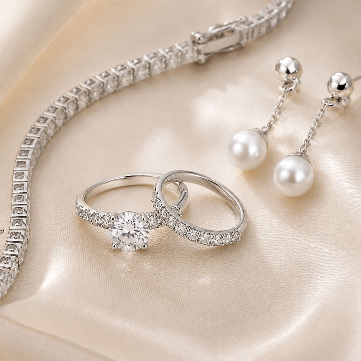 Diamond rings, a tennis bracelet, and pearl drop earrings are displayed on ivory satin.