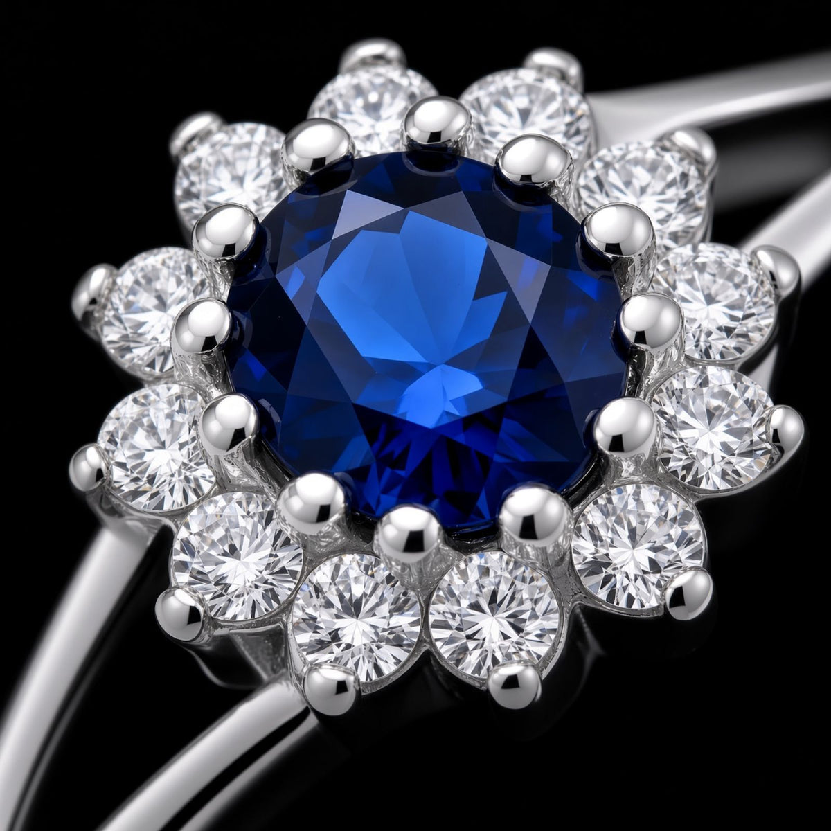 A sterling silver ring features a central blue sapphire surrounded by clear stones in a classic setting.